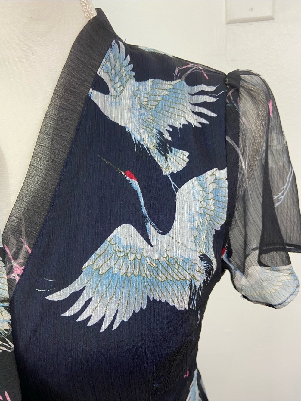 Metisu Japanese Crane Silk Dress Blue Fit & Flare Surplus Sz L Feminine Unique - Picture 4 of 12